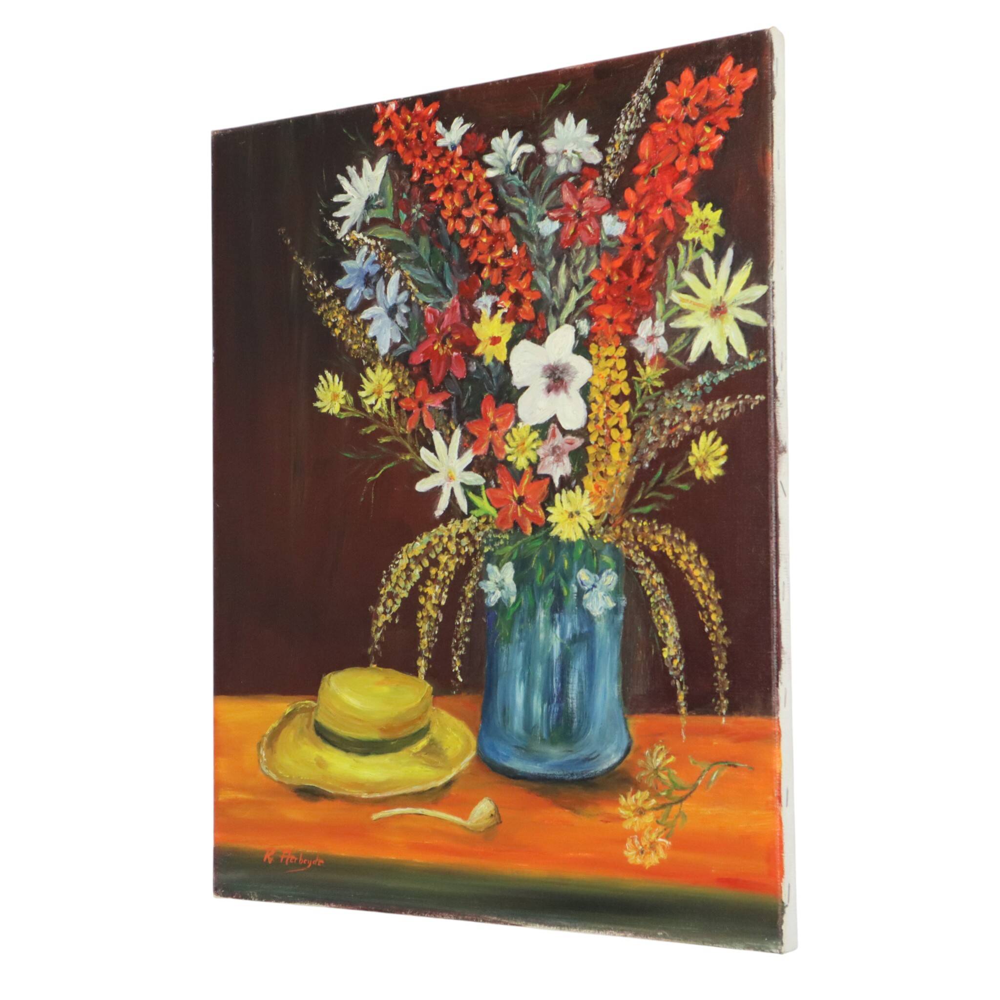 Flowers with Hat Still Life Painting Signed 60x50cm
