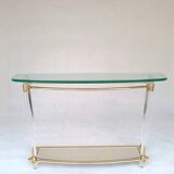 Hollywood Regency console table in lucite, glass and gold metal. 1980s