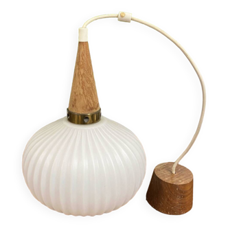 Louis Kalff opaline & teak pendant light