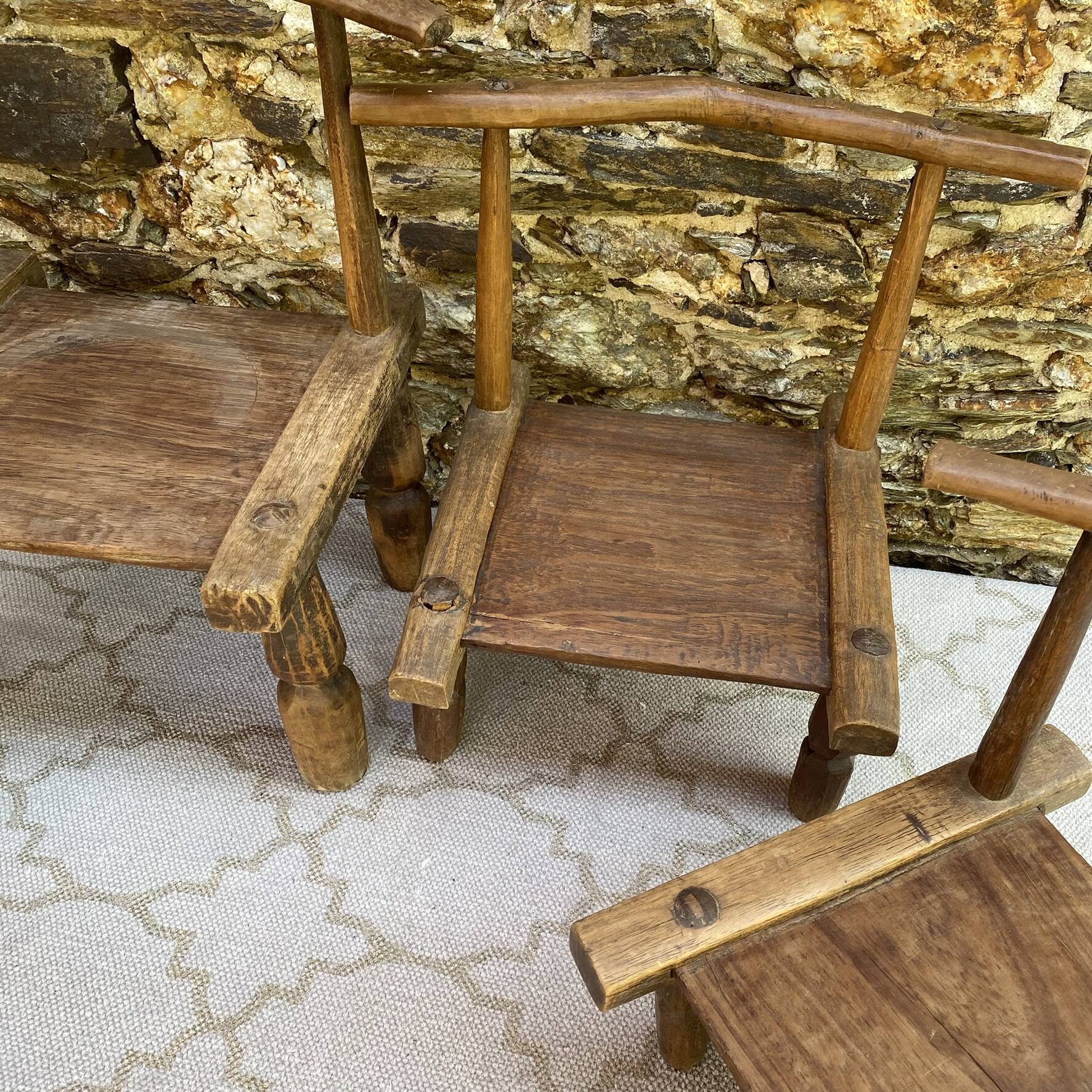 Ancient Baoulé African chairs in carved wood, Wabi-Sabi.