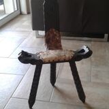 Chaise tabouret tripode  bois et peau vintage 50/60