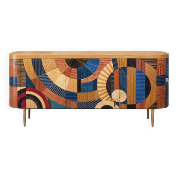 A beech wood Art Deco sideboard with polychrome marquetry.