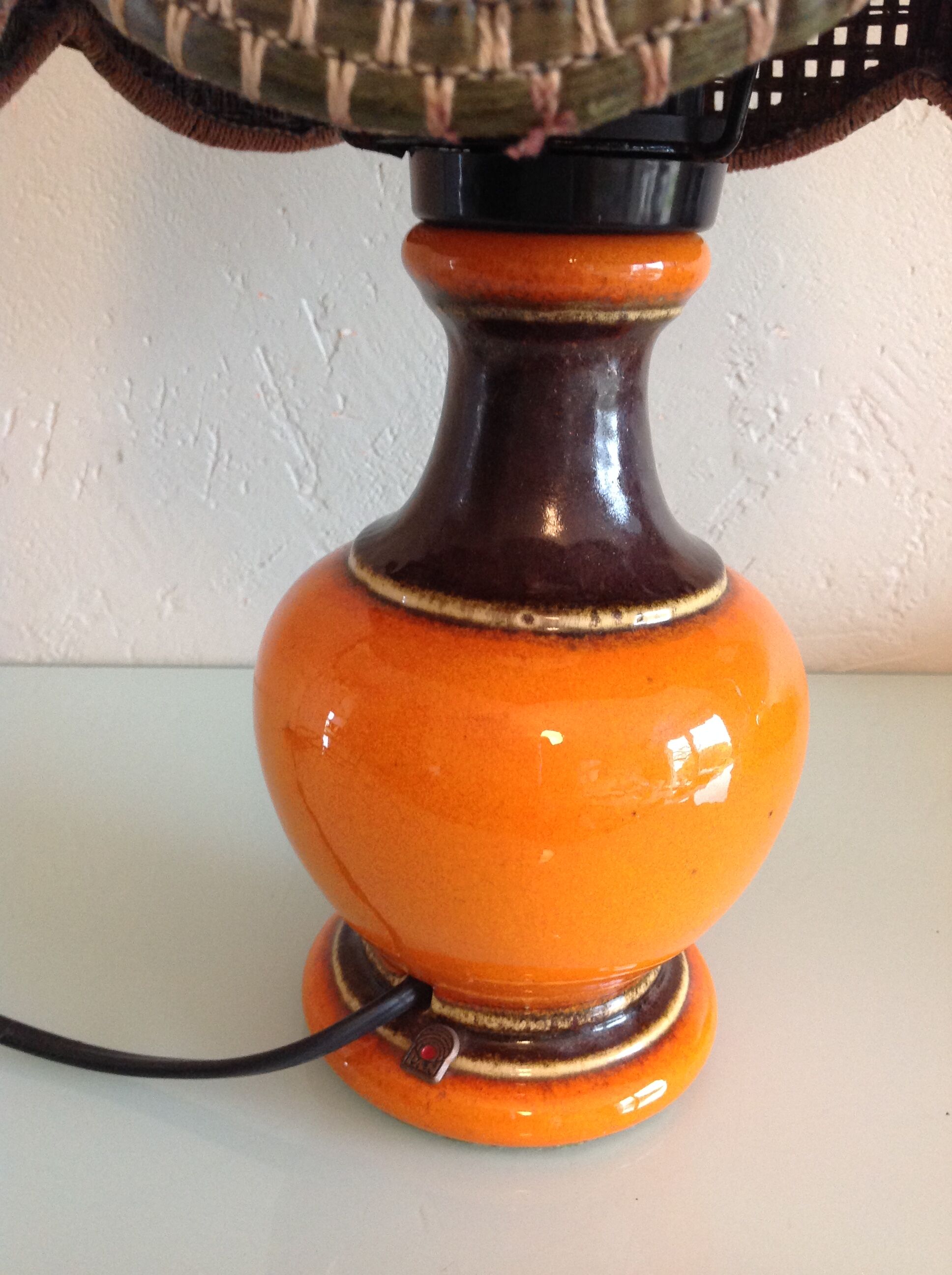 Orange ceramic lamp and brown canned lampshade by Pan Keramik / 60s-70s
