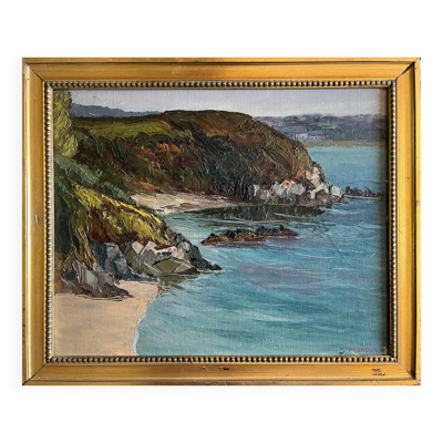 Tableau HST ''Rocher à Saint Michel-en-Grève'' Marine par Paul Esnoul, 1930