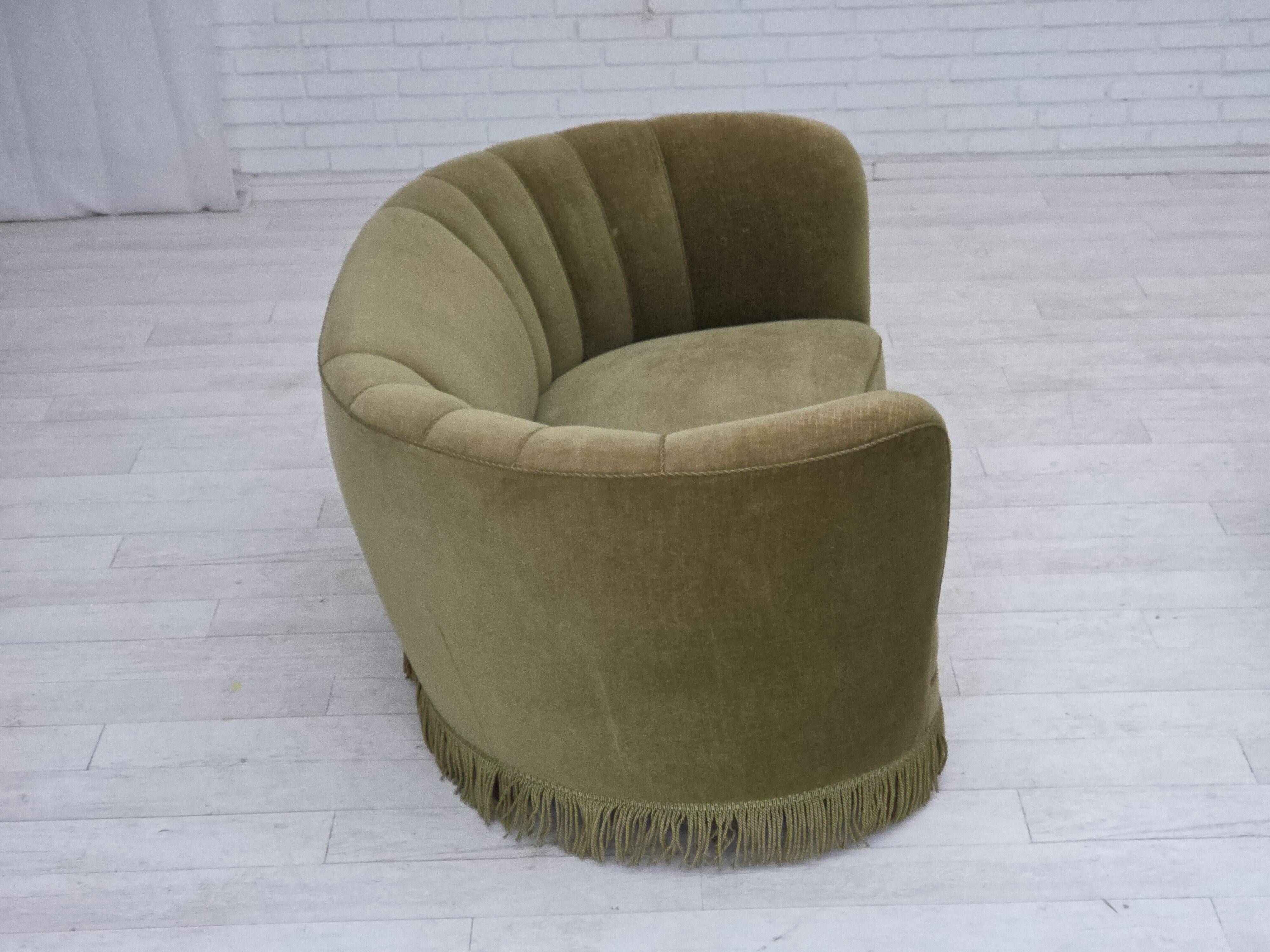 1960s, Danish 2-seater "Banana" sofa, original green furniture velour.