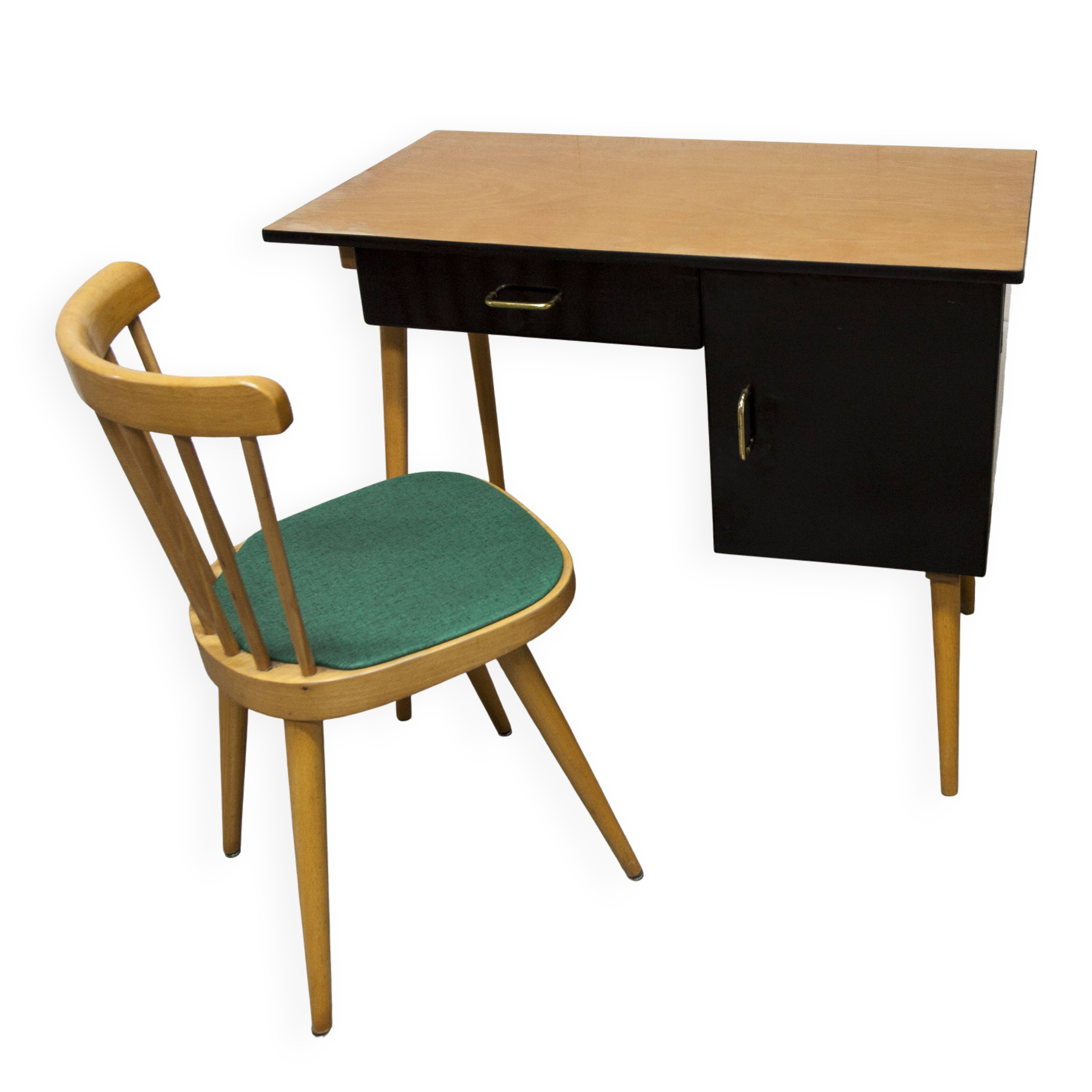 Baumann desk and its matching chair 1960 formica wood and black with green seat