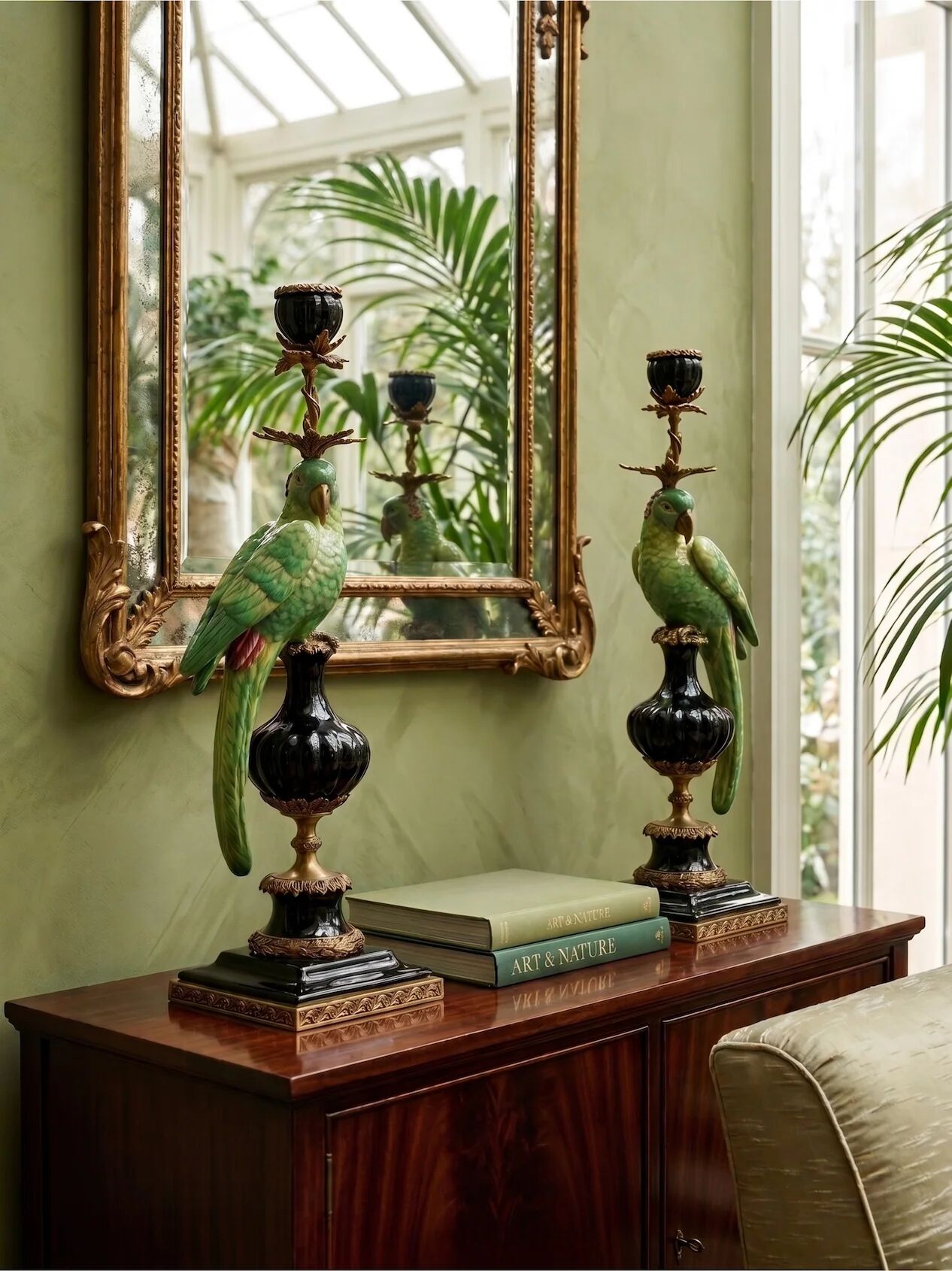 Paire de bougeoirs perroquets en porcelaine et bronze doré – style Louis XVI – 47 cm