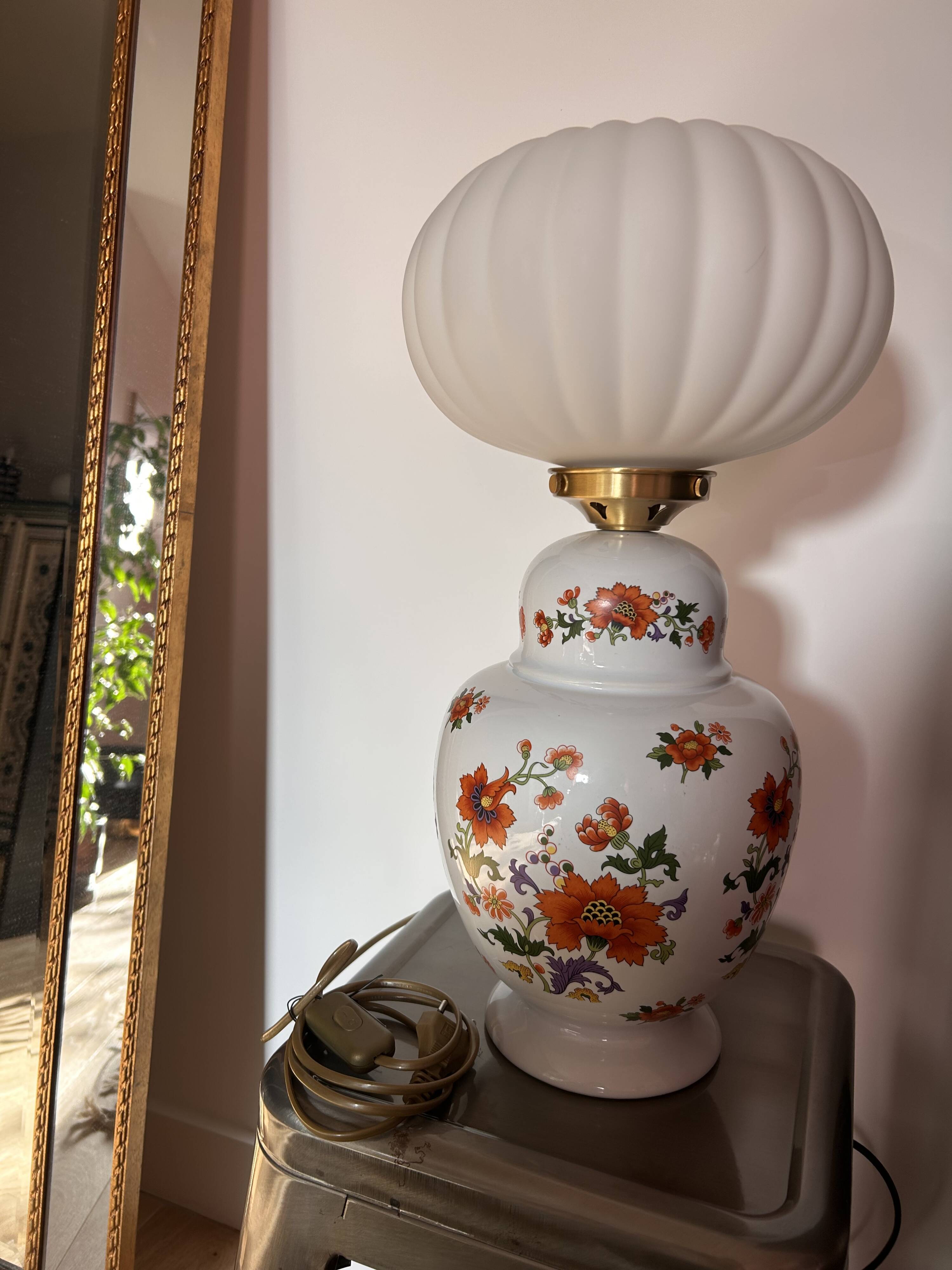 Vintage floral table lamp with pleated globe