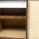 Sideboard in wenge, raffia and lacquered metal. 1970s.