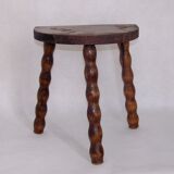 French vintage traditional handmade half moon milking stool with bobbin leg