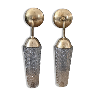 Pairs of vintage glass and brass wall lamps