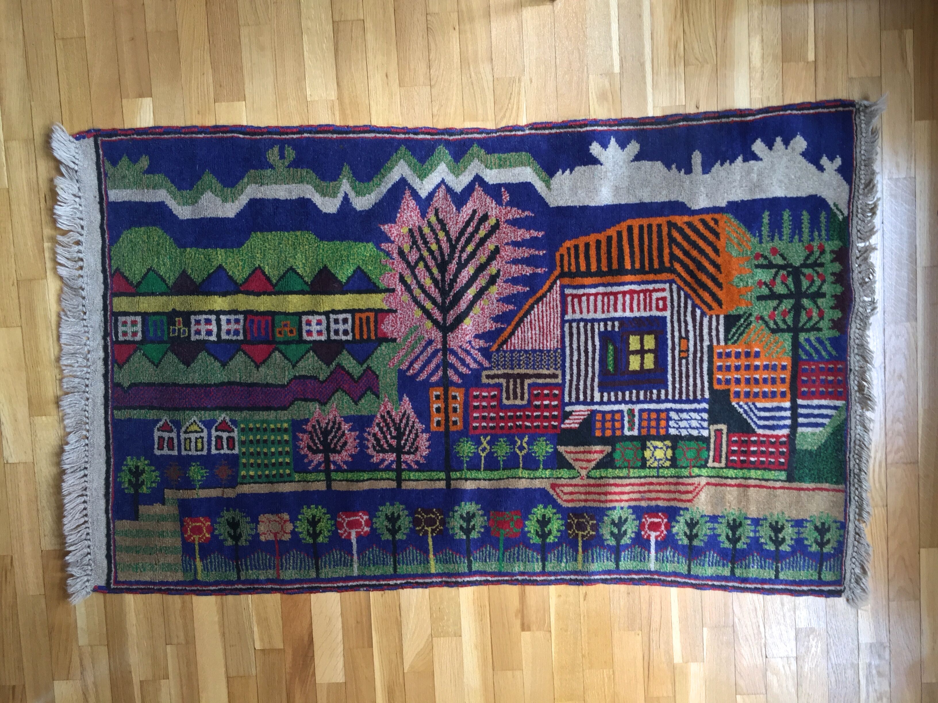 Afghan carpet 80s MOTIF VILLAGE IN PRINTEMPS 85x148cm