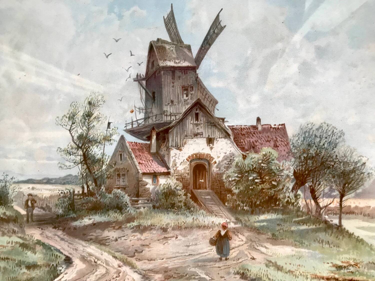 Old painting, mill in the countryside