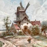 Old painting, mill in the countryside