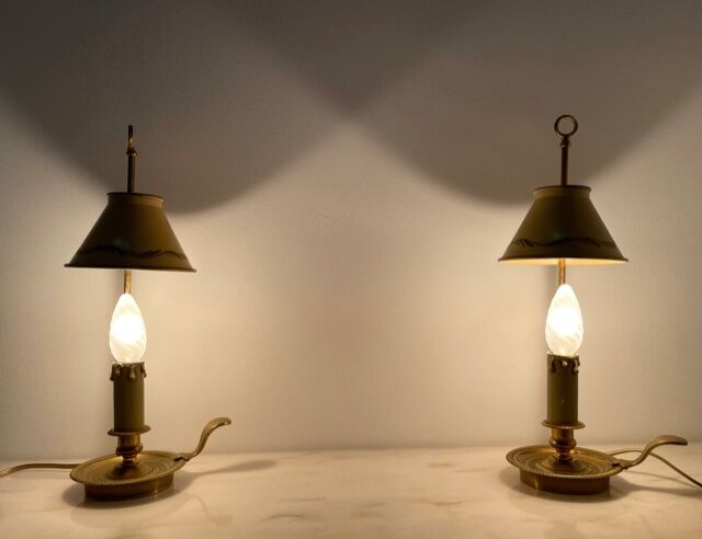Pair of bronze hot water bottles and Empire-style painted sheet metal