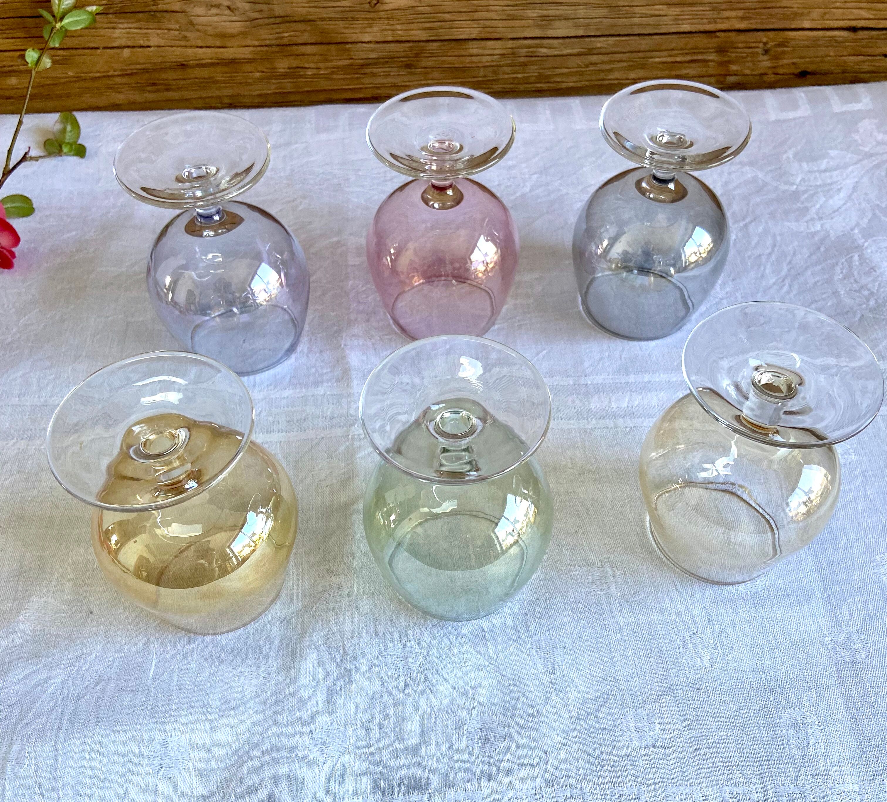 6 vintage glasses of iridescent colors
