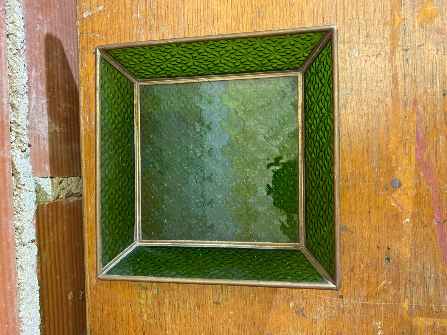 Bowl antique molded glass green + brass vintage