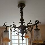 Antique Art Nouveau lustre in gilded bronze with glass pâte de verre tulips signed Muller.