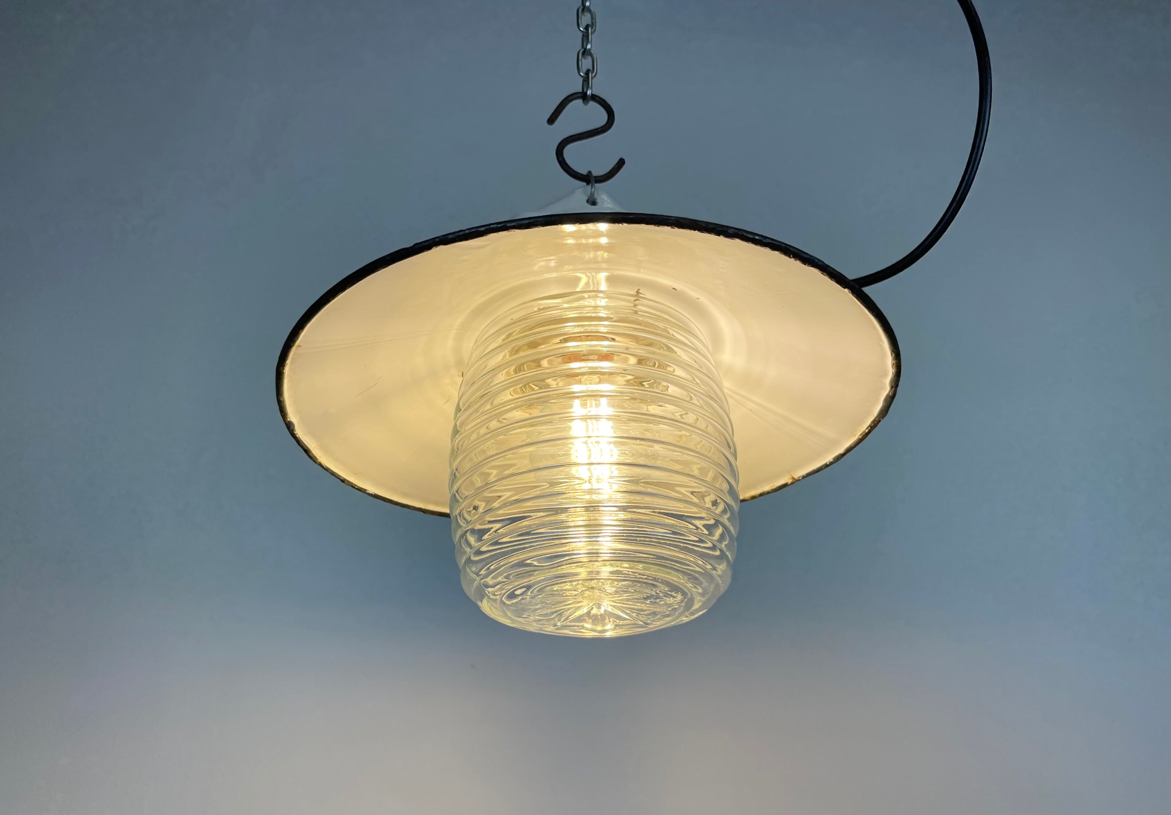 Industrial porcelain blue enamel pendant light with ribbed clear glass, 1970s