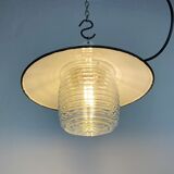 Industrial porcelain blue enamel pendant light with ribbed clear glass, 1970s