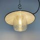 Industrial porcelain blue enamel pendant light with ribbed clear glass, 1970s