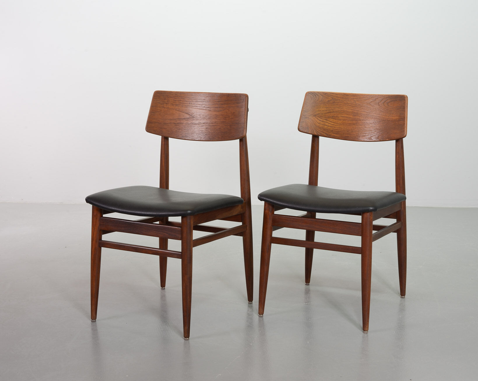 Danish Solid Teak Wooden Dining Chairs with Black Leatherette Seating 1960s