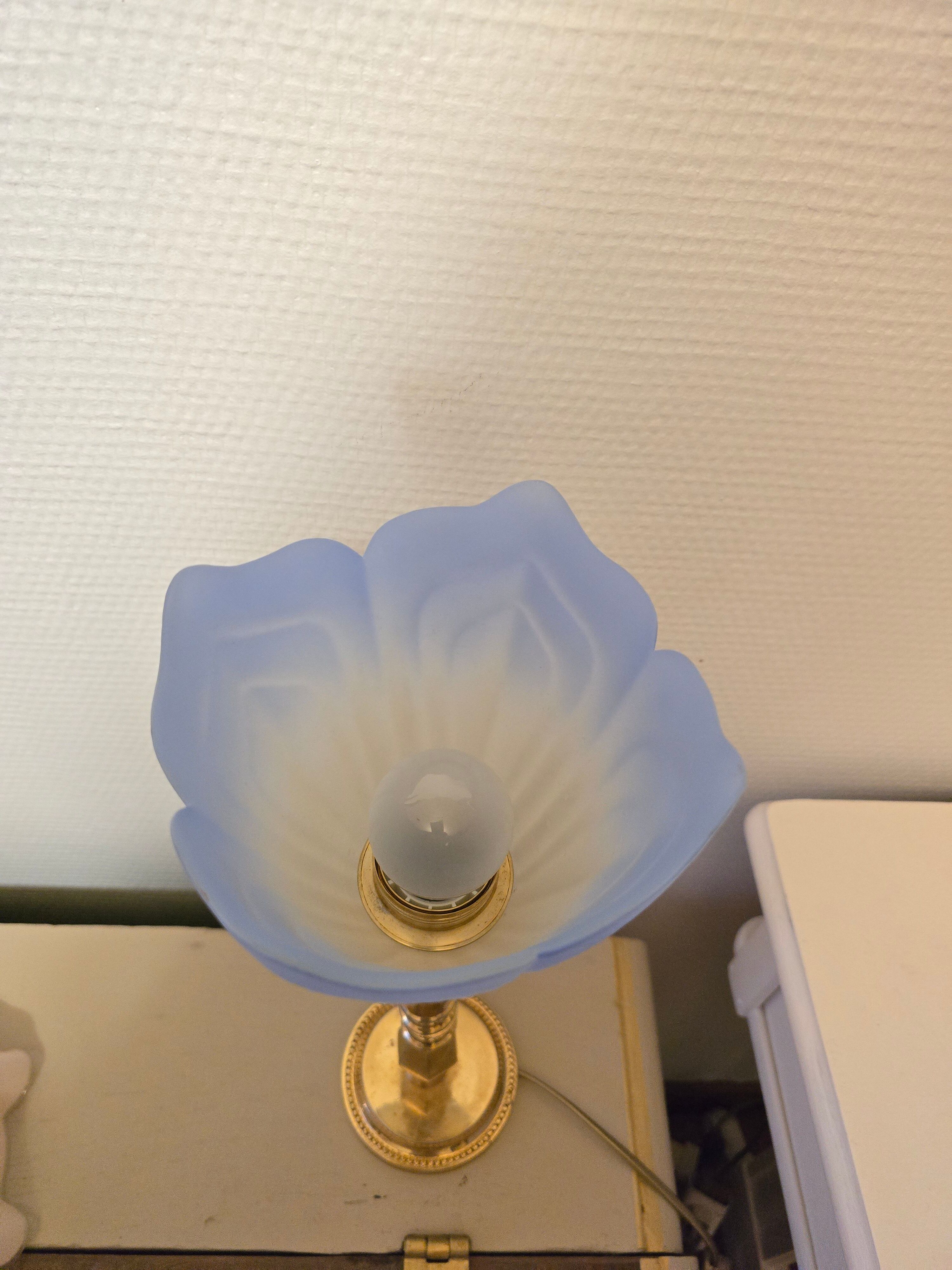 Blue and gold brass table lamp with opaline tulip Art Nouveau