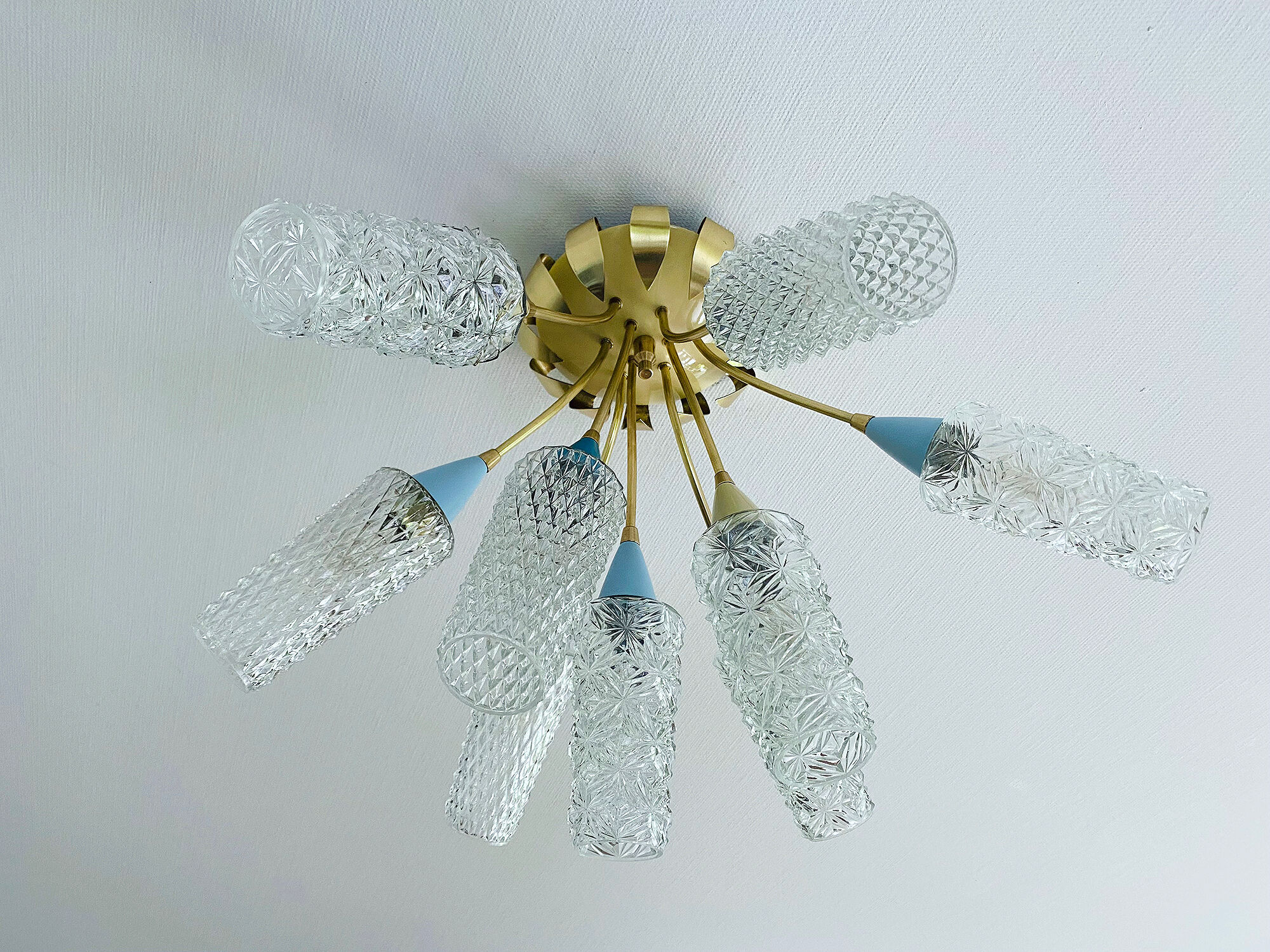 plafonnier lampe vintage, annees 50, verre laiton, bleu beige or