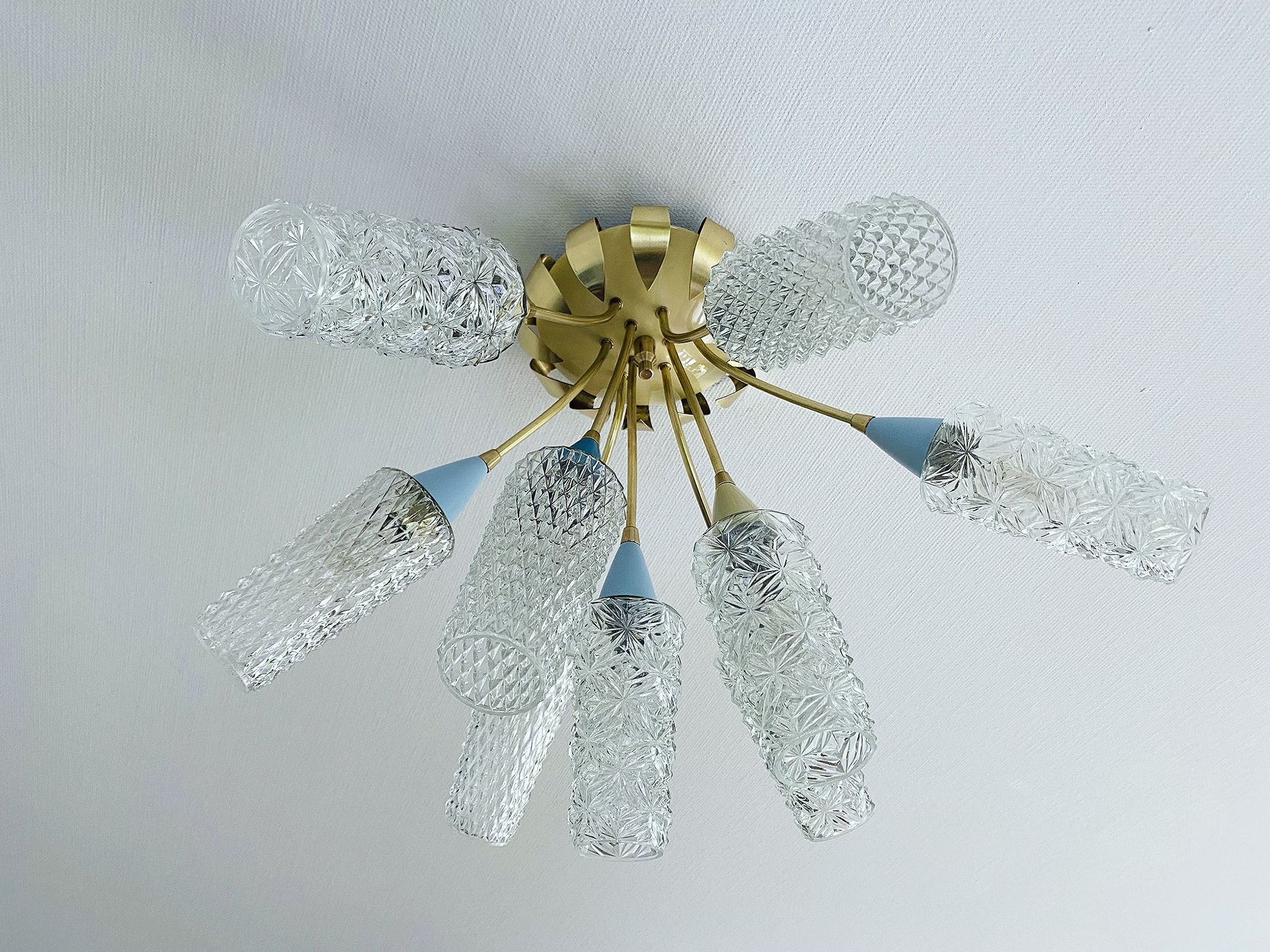 plafonnier lampe vintage, annees 50, verre laiton, bleu beige or
