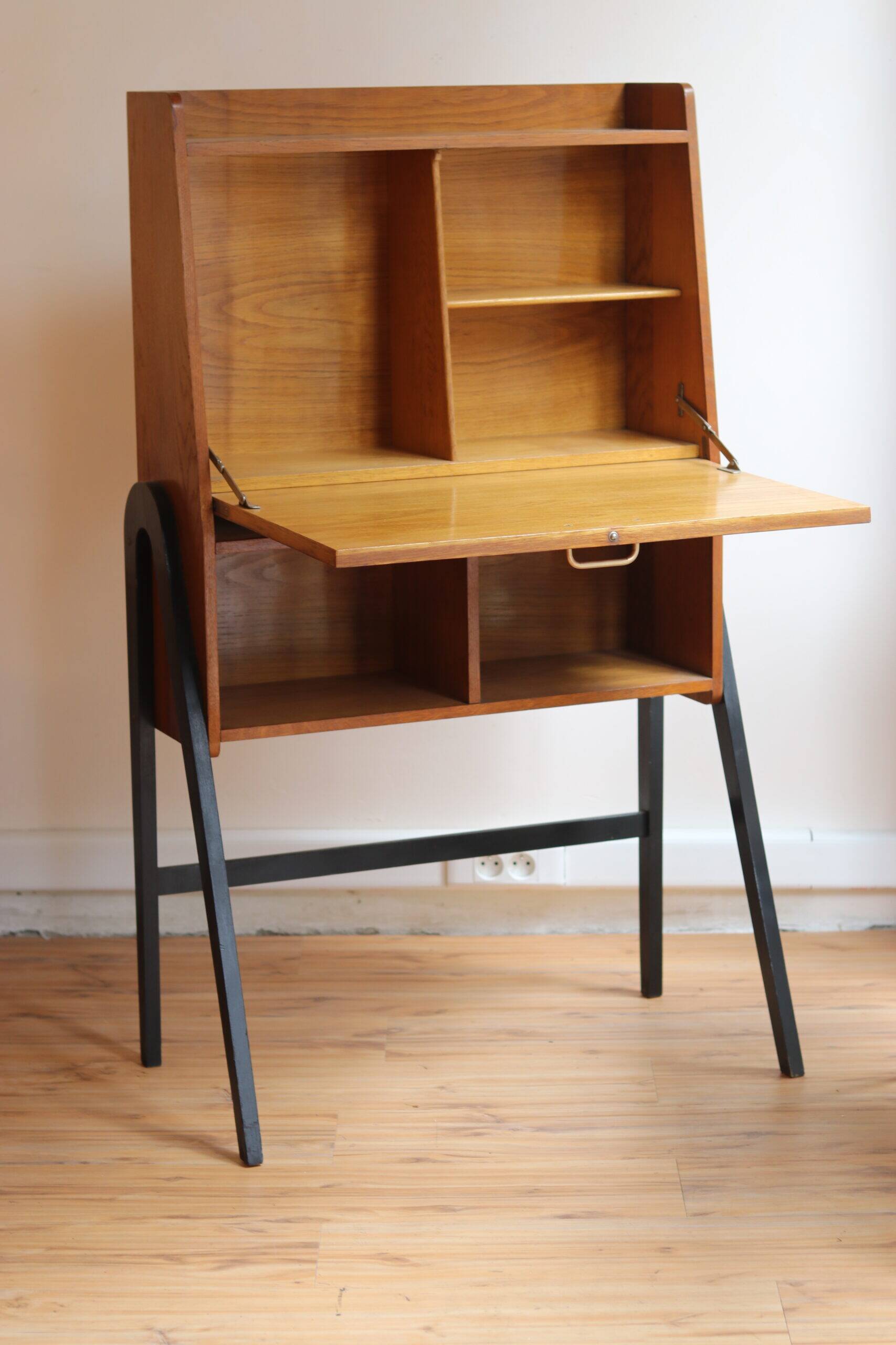 Vintage 1960s secretary in oak veneer with a drop-down front.