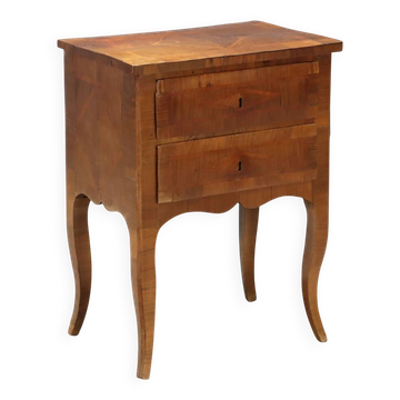 Antique baroque bedside table in walnut and rosewood, Italy, 18th century.