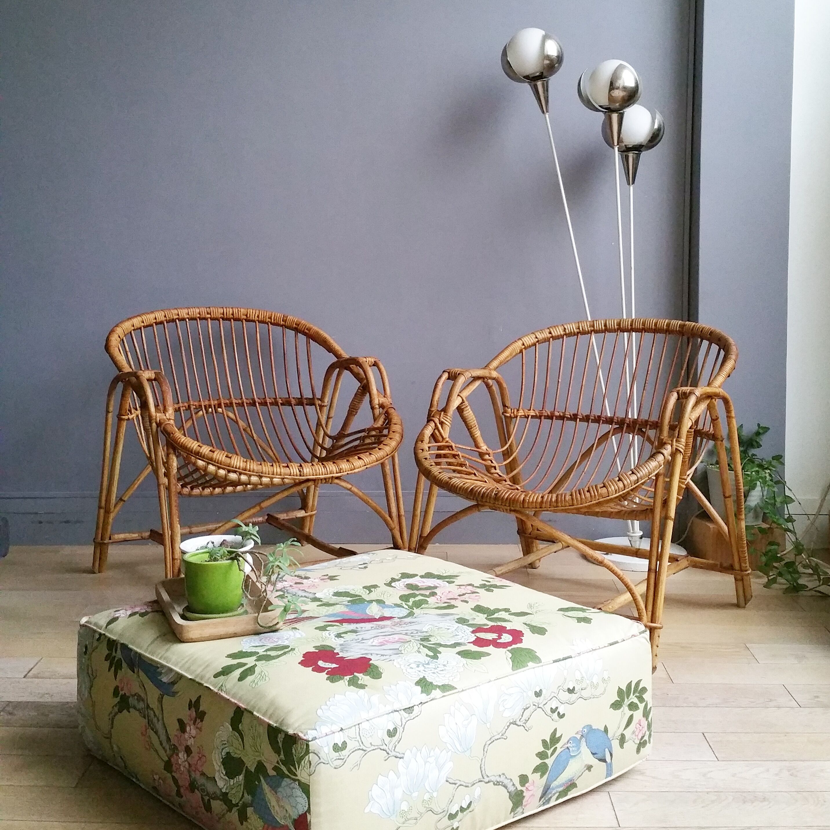 Pair of rattan basket armchairs