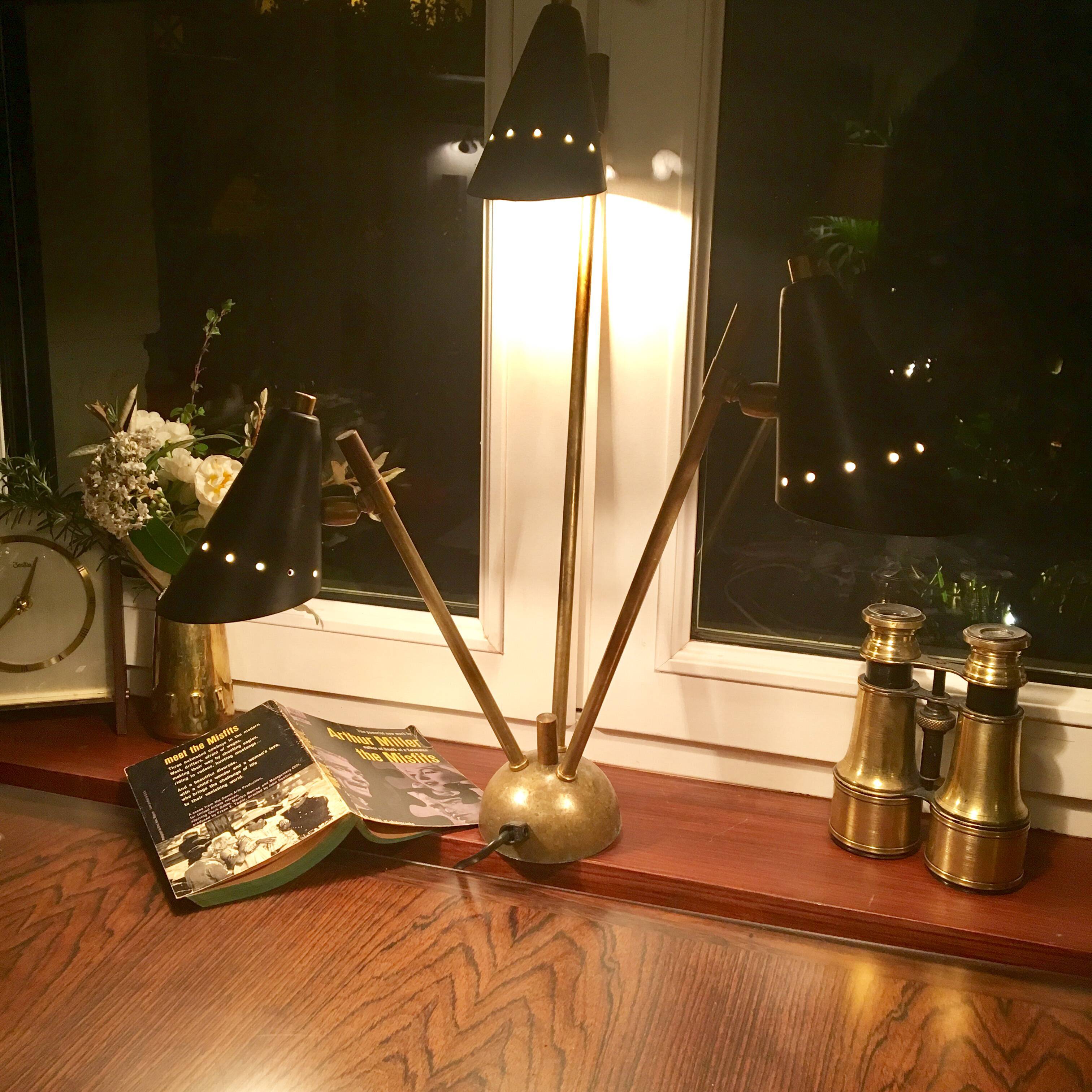 Italian three-headed brass lamp, 50s design