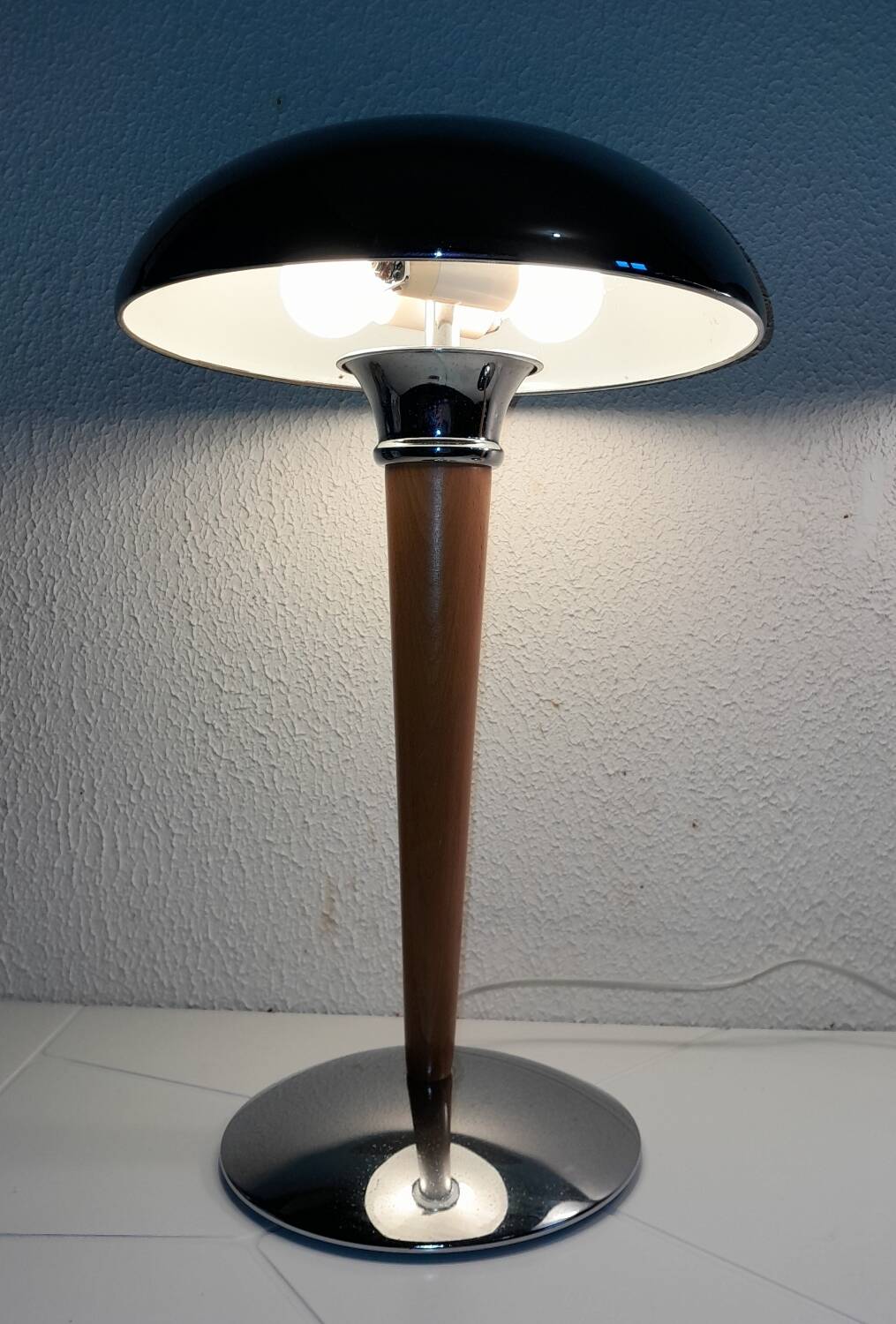 Pair of vintage 1980s wood and chrome ocean liner lamps