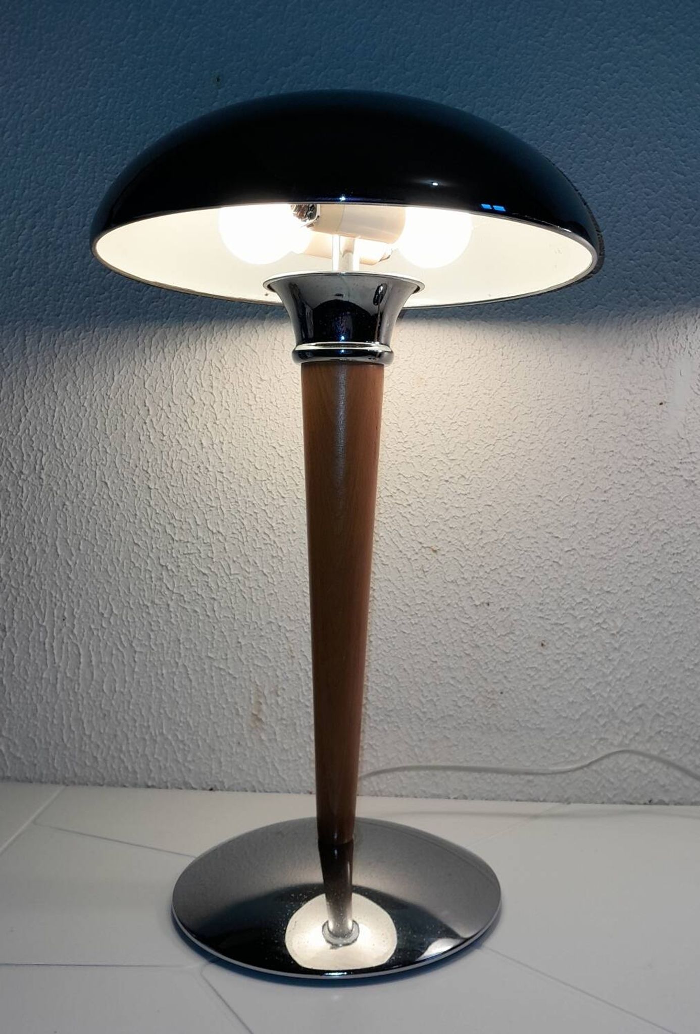 Pair of vintage 1980s wood and chrome ocean liner lamps