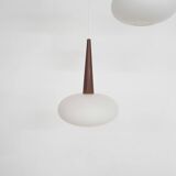 Set of three milk glass and teak pendant lights model NG74 by Louis Kalff for Philips, The Netherlan