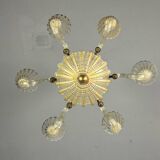 Venetian chandelier in gilded Murano glass with reticello pattern, 6 light arms, circa 1950