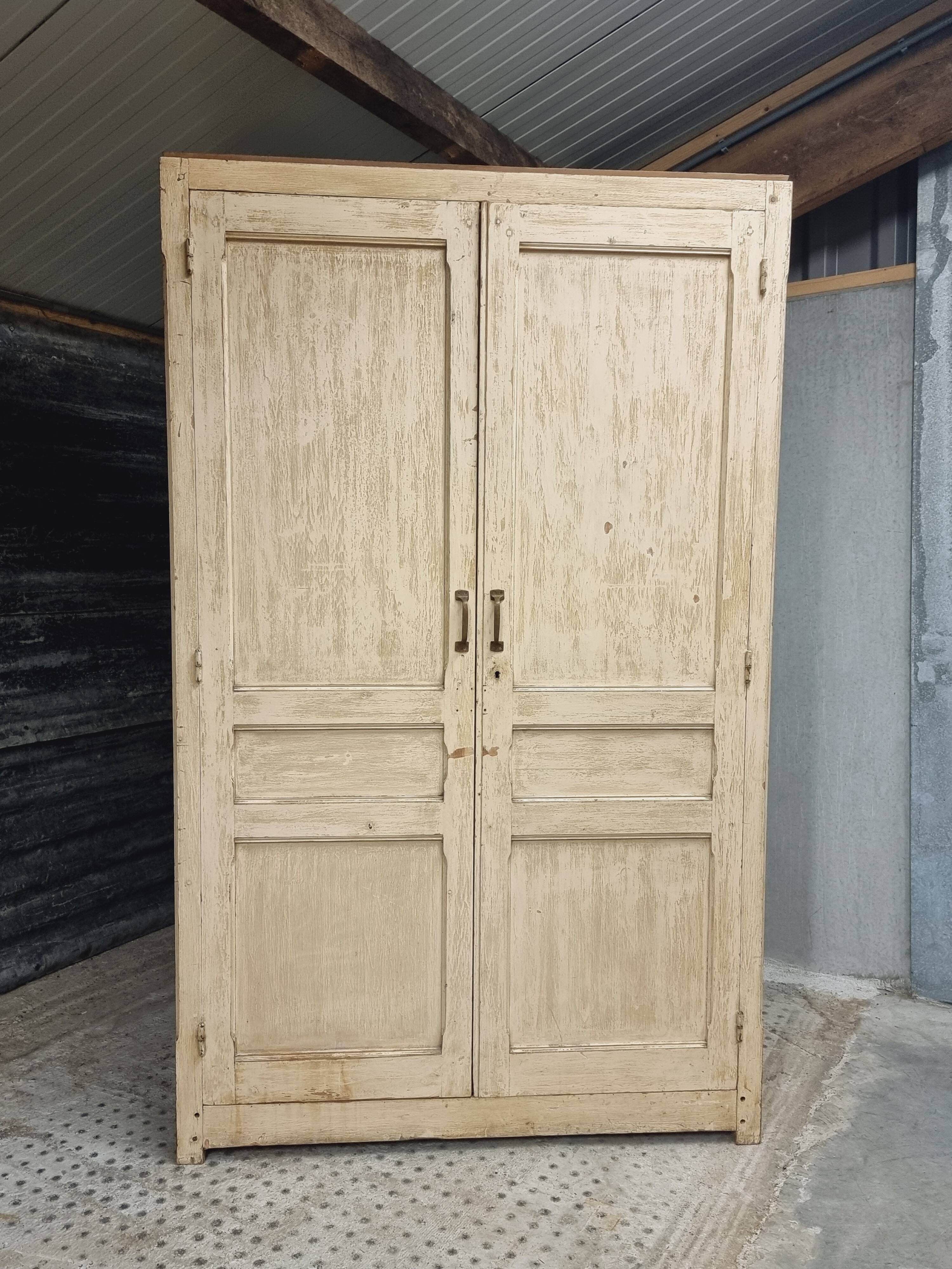 Antique wardrobe, kitchen cabinet, pinewood, creamy white