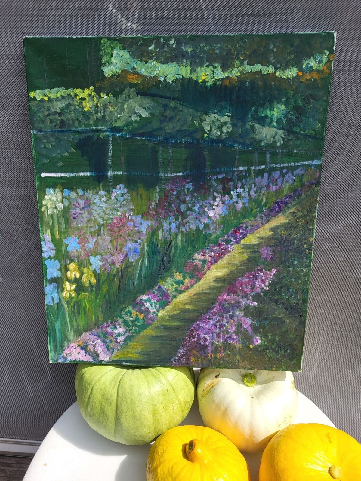 Huile sur toile impressionniste – "Le Jardin aux Iris"
