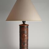 Mid-Century Modern Aztec Motif Hand Tooled Leather Table Lamp