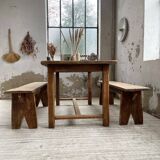 Oak farmhouse table and its two benches