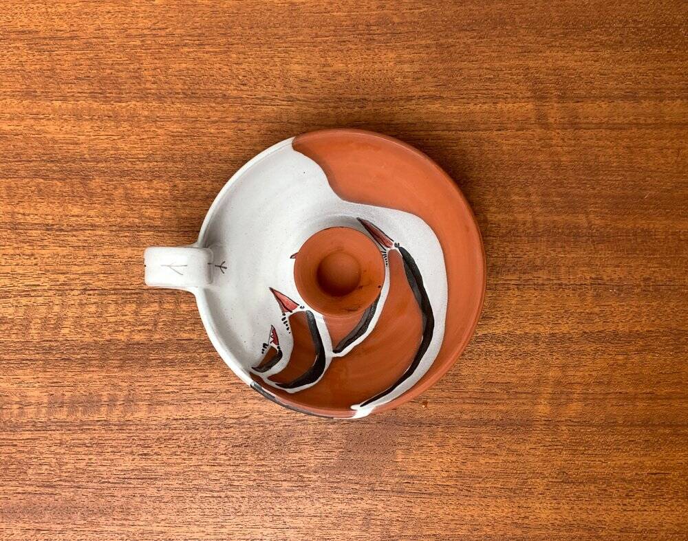 Workshop pottery candlestick from mid-century German with bird motif by Töpferei Bücking Börnsen, 1960s.