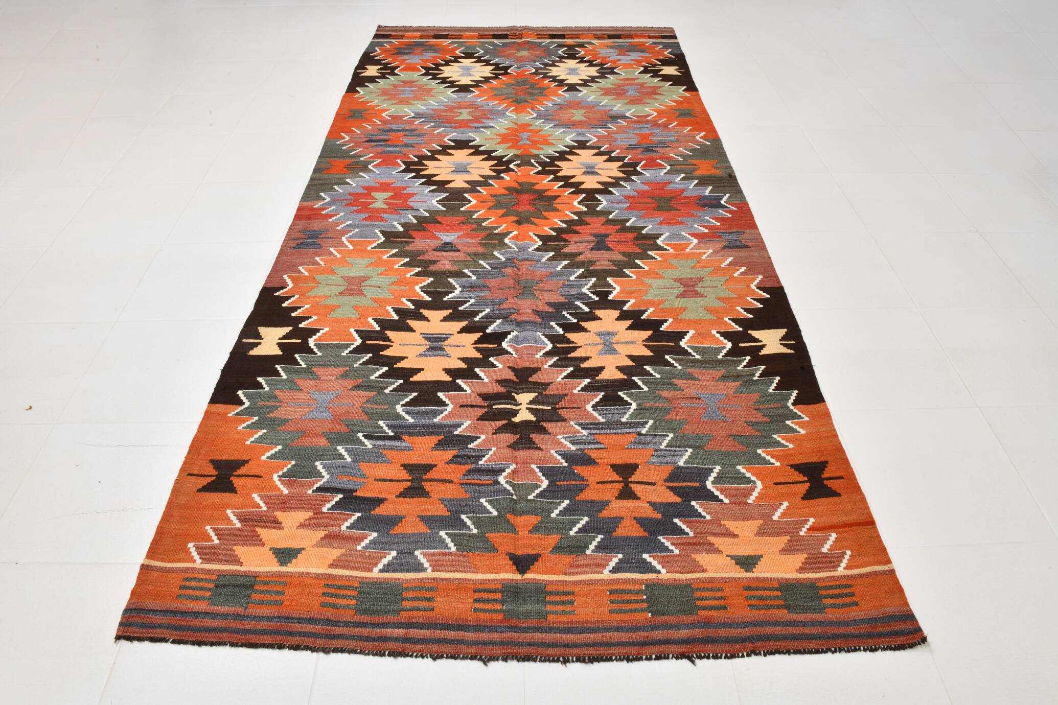 5x11 Multicolor Geometric Style Kilim Rug, Hanmade Wool Area Rug, 162x342Cm