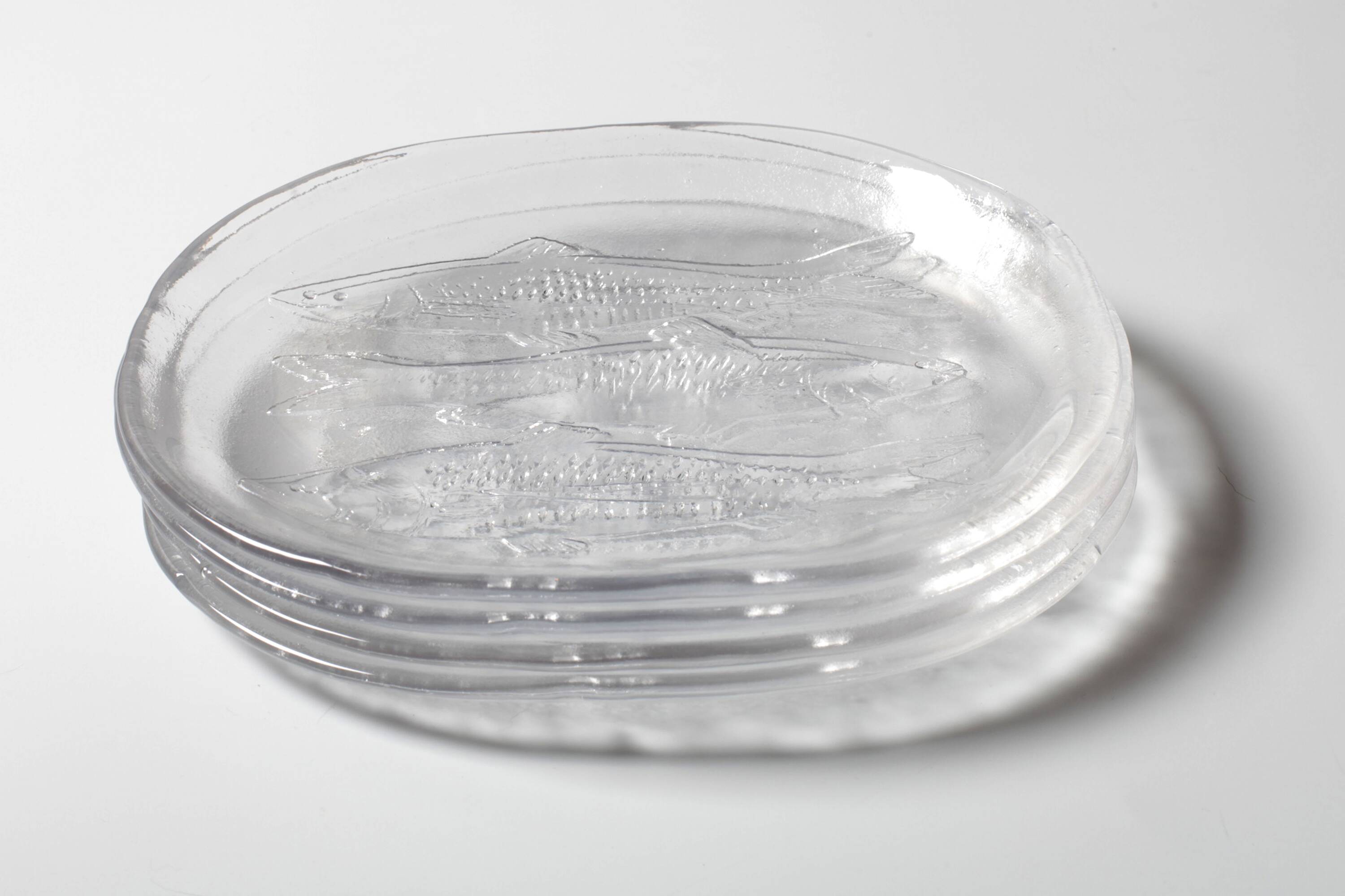 Set of 4 Vintage Kosta Boda Glass Oval Dinner Fish Plates / Sweden / 1970s