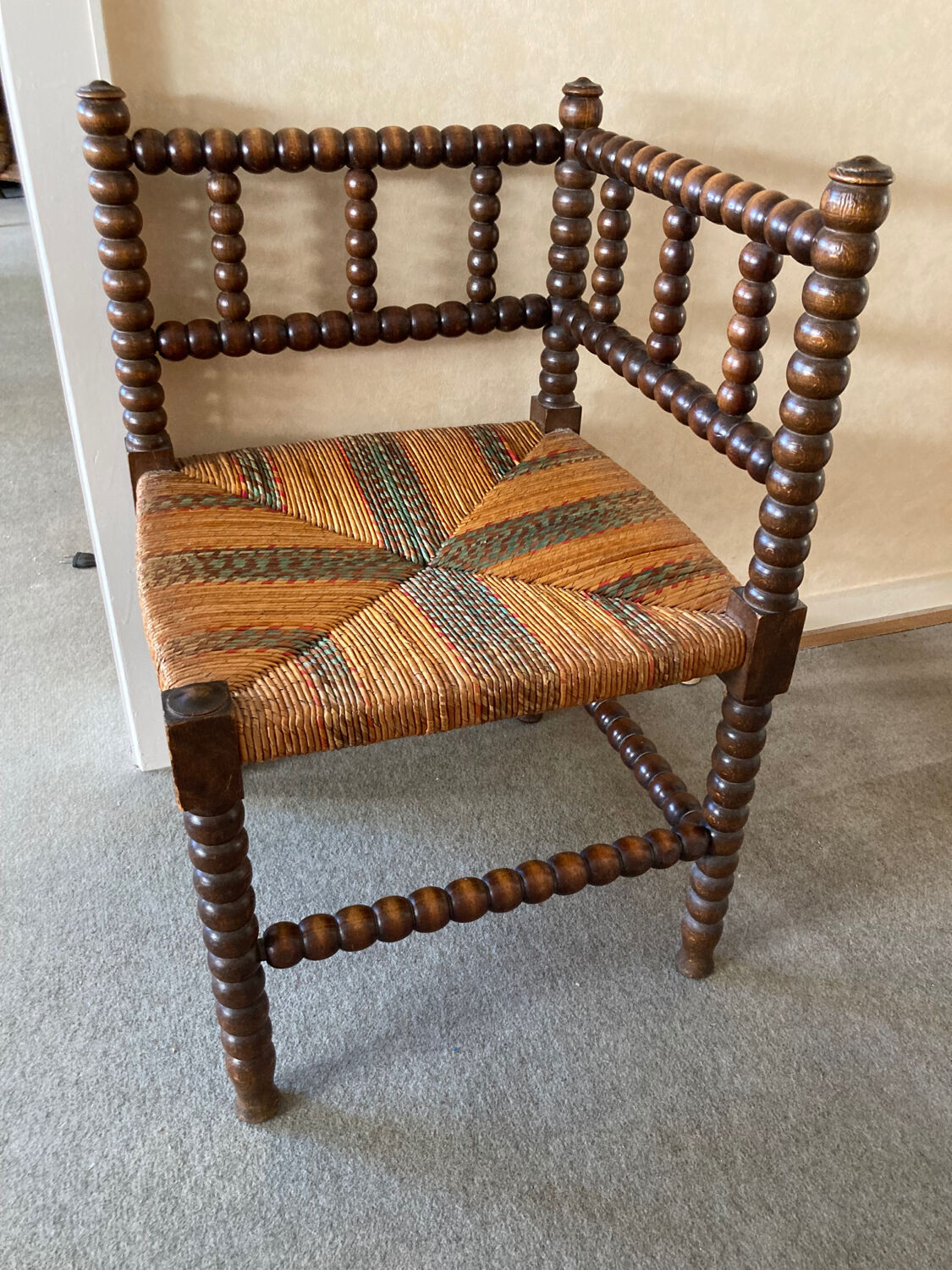 Vintage corner chair beaded wood
