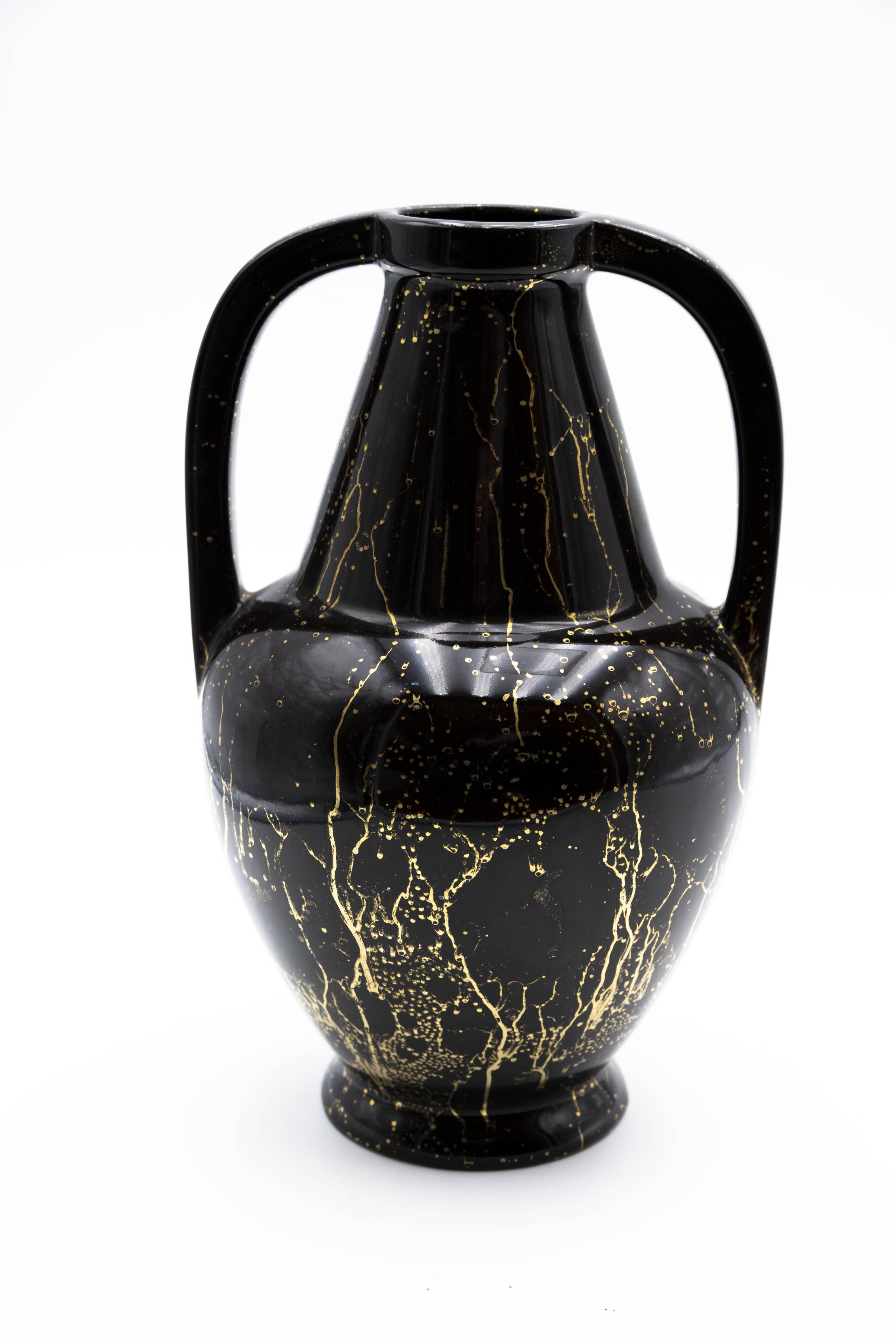 Lucien Brisdoux black and gold art deco vase