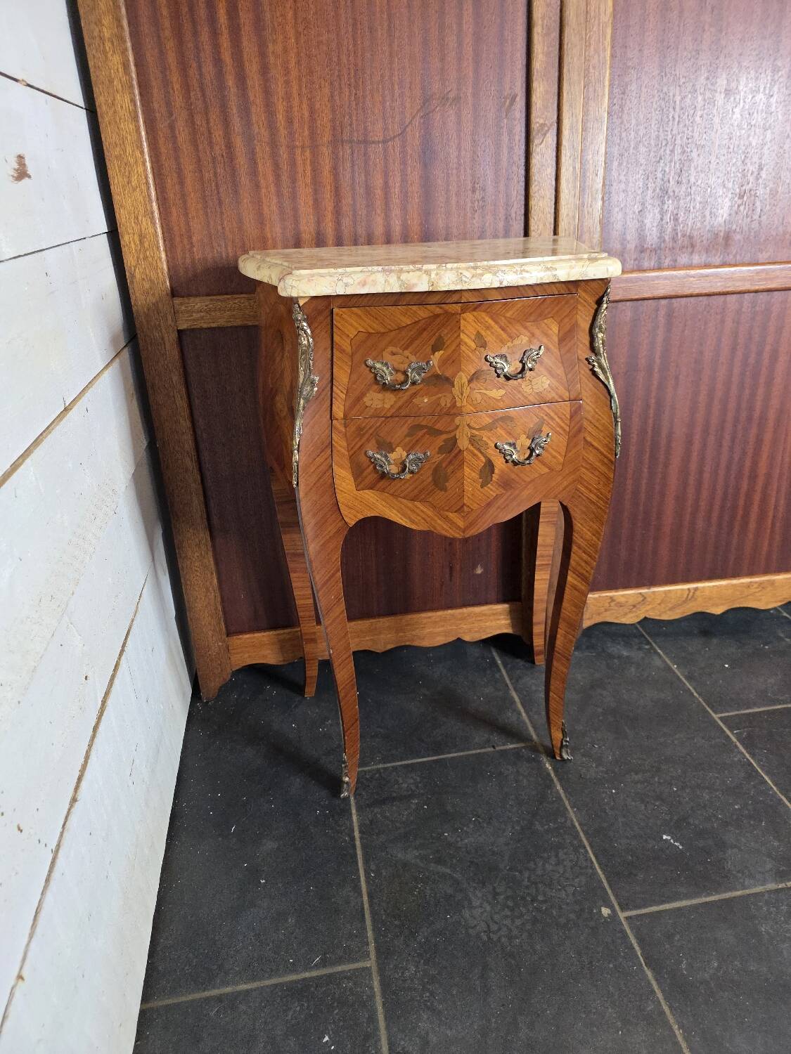 Louis XV style curved bedside table in marquetry
