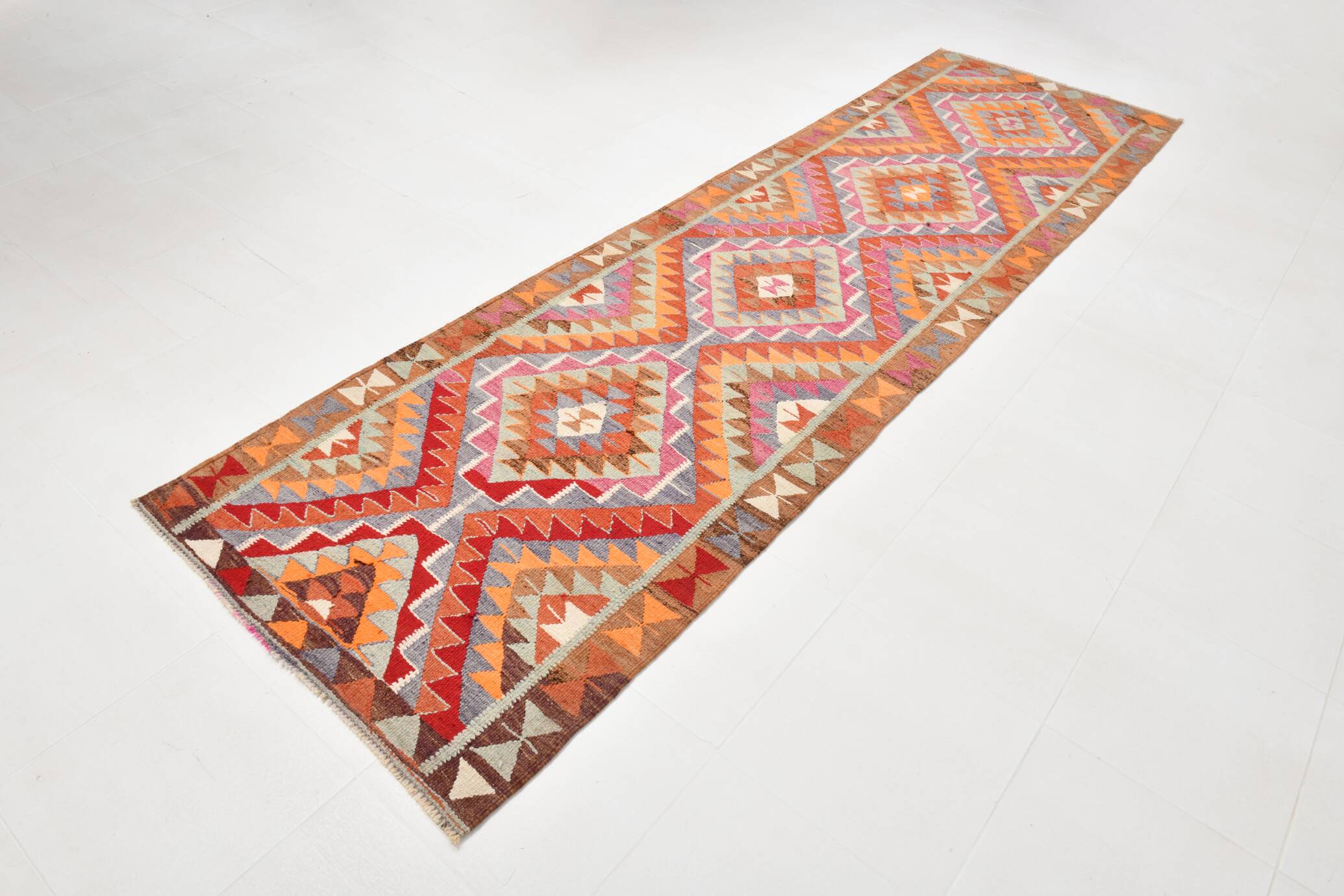 3x11 %100 Wool Geometric Multicolor Kilim Runner Rug 89x340Cm