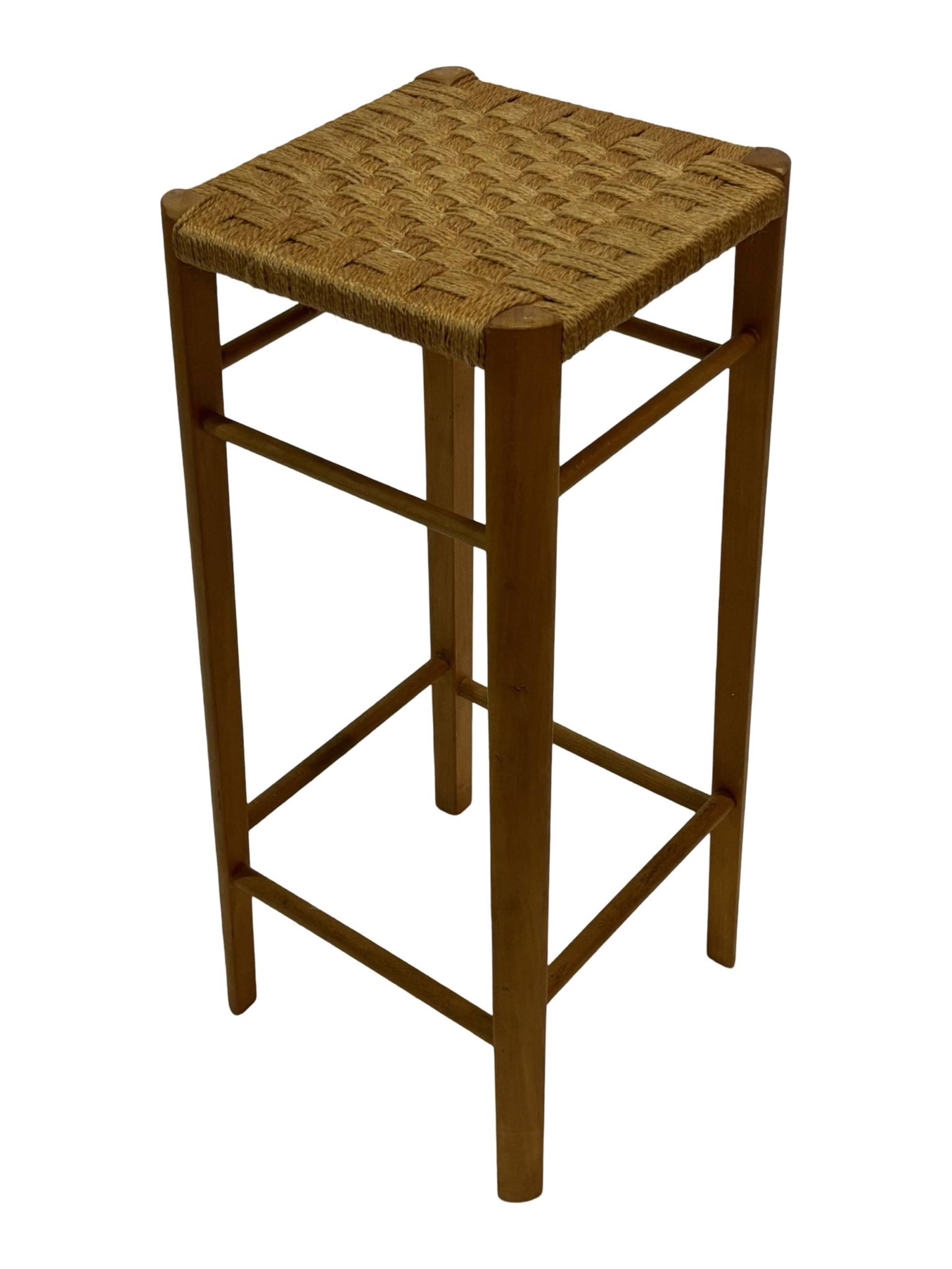 Tabouret vintage années 60 en chêne avec assise tressée