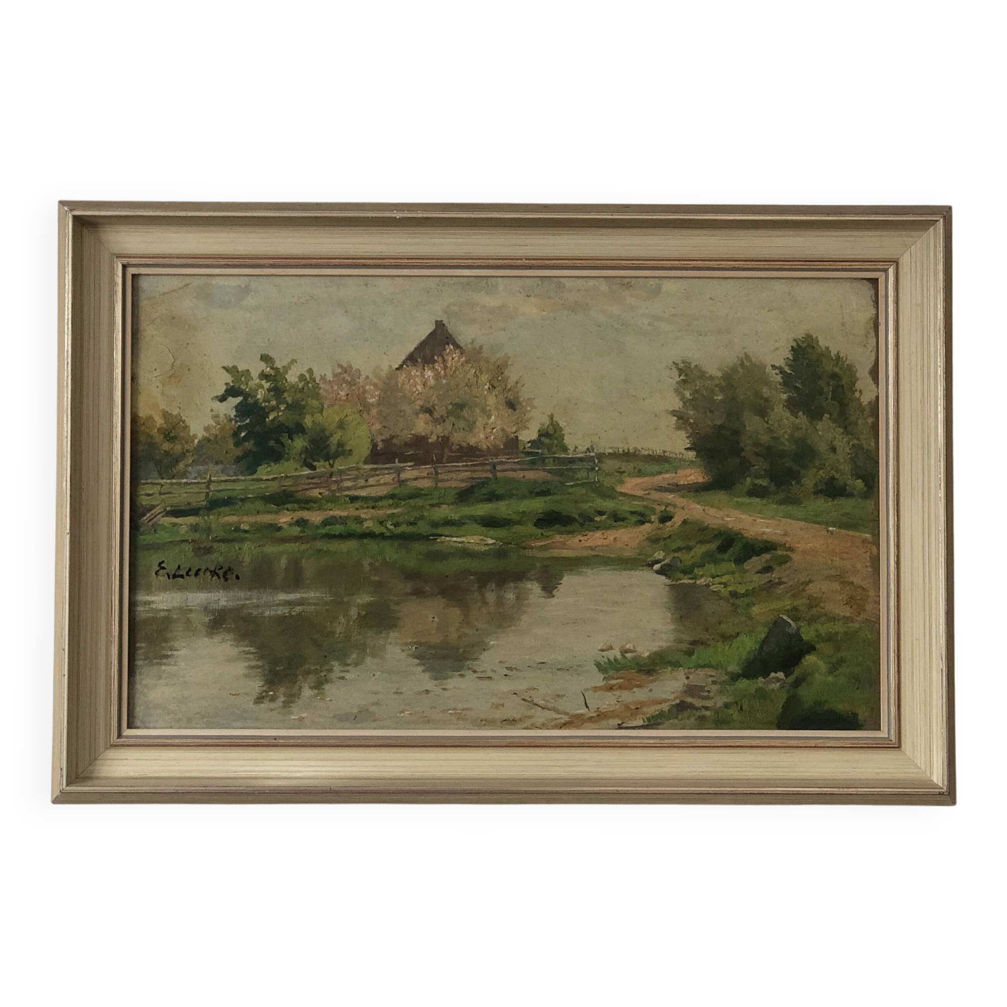 Vintage Original Landscape Oil Painting: Countryside Cottage Art